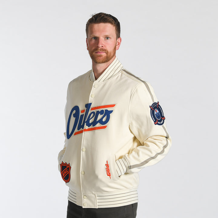 Edmonton Oilers Pro Standard Game Day Alternate Logo Cream Bomber Jacket