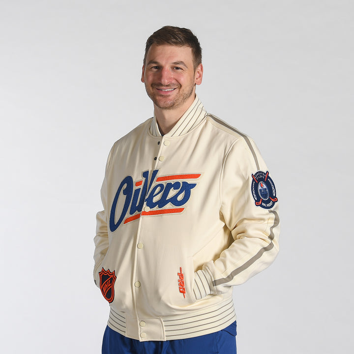 Edmonton Oilers Pro Standard Game Day Alternate Logo Cream Bomber Jacket