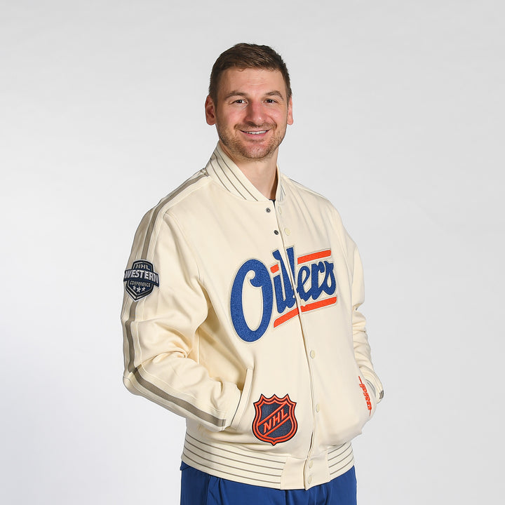 Edmonton Oilers Pro Standard Game Day Alternate Logo Cream Bomber Jacket