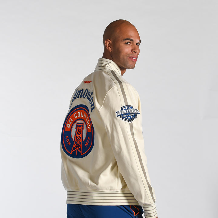 Edmonton Oilers Pro Standard Game Day Alternate Logo Cream Bomber Jacket