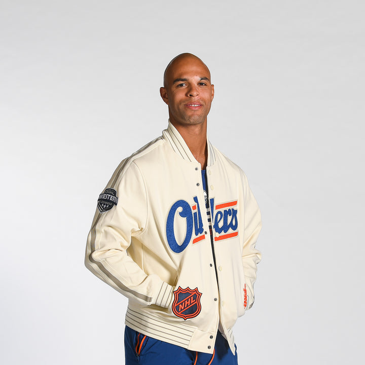 Edmonton Oilers Pro Standard Game Day Alternate Logo Cream Bomber Jacket