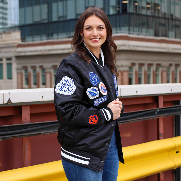 Edmonton Oilers Unisex Pro Standard Pick Stitch Black Satin Varsity Jacket