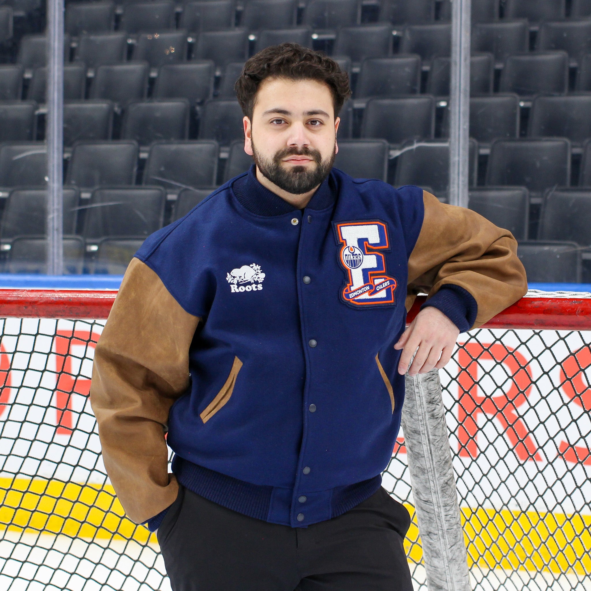 Edmonton Oilers Roots Navy & Brown Award Classic Varsity Jacket
