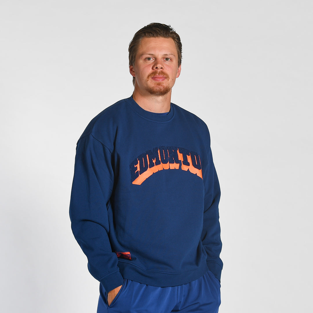 Edmonton Oilers Sport Design Sweden Blue Drop Shadow Relaxed Crewneck Sweatshirt