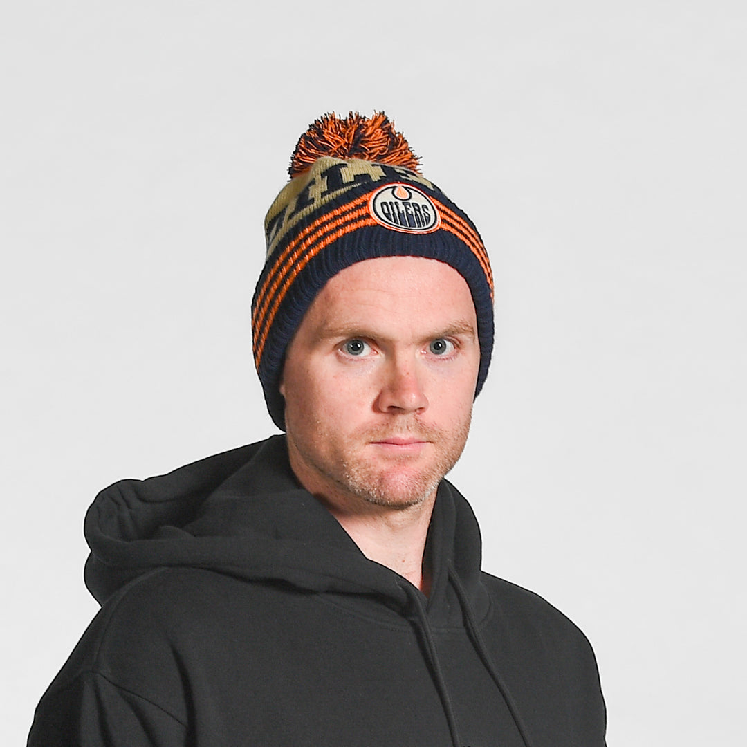 Edmonton Oilers Sport Design Sweden Navy & Cream Striped Toque w/Pom