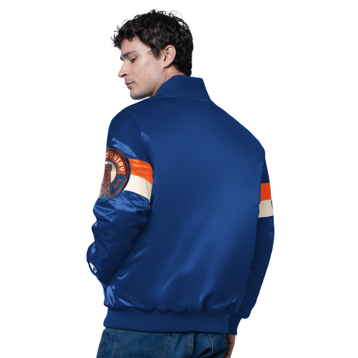 Edmonton Oilers Starter Blue Alternate Logo Triple Option Satin Bomber Jacket