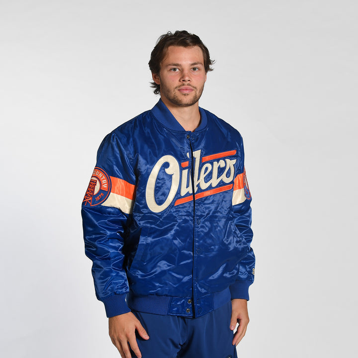 Edmonton Oilers Starter Blue Alternate Logo Triple Option Satin Bomber Jacket