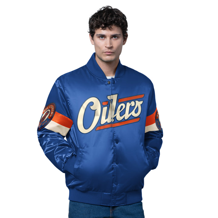Edmonton Oilers Starter Blue Alternate Logo Triple Option Satin Bomber Jacket
