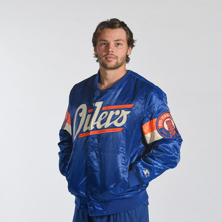 Edmonton Oilers Starter Blue Alternate Logo Triple Option Satin Bomber Jacket