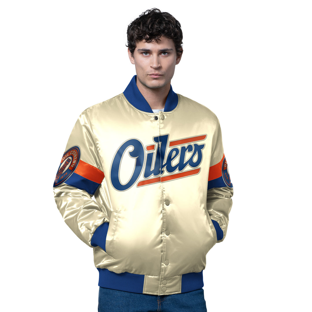 Edmonton Oilers Starter Cream Alternate Logo Triple Option Satin Bomber Jacket