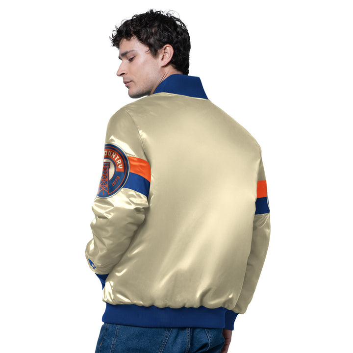 Edmonton Oilers Starter Cream Alternate Logo Triple Option Satin Bomber Jacket