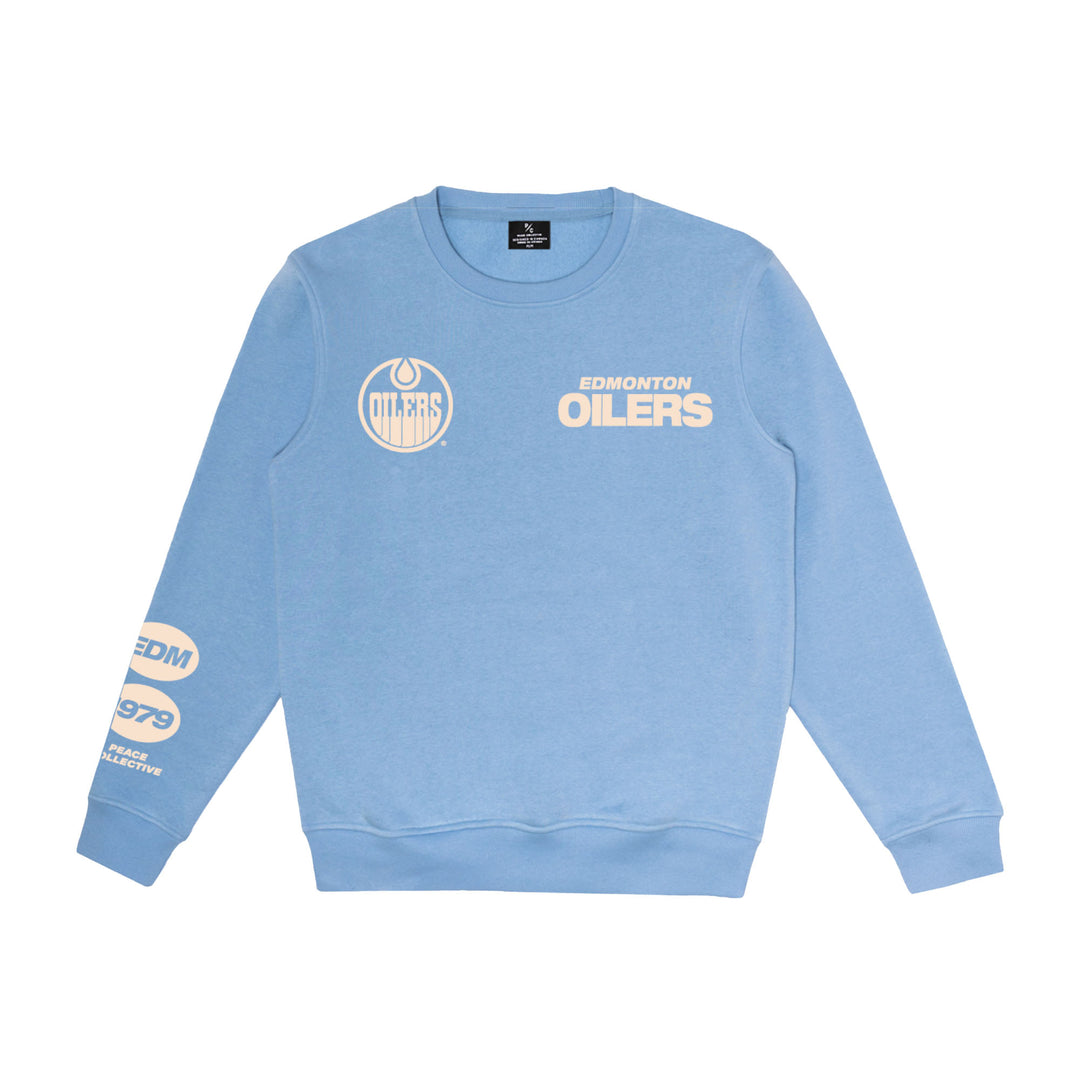 Edmonton Oilers Unisex Peace Collective Essentials Light Blue Patchwork Crewneck Sweatshirt