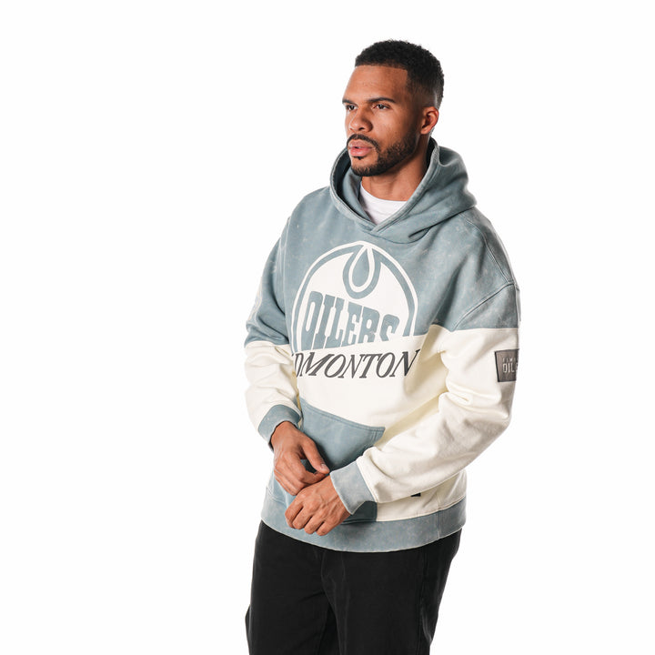 Edmonton Oilers Unisex The Wild Collective Blue & Cream Split Vintage Wash Hoodie