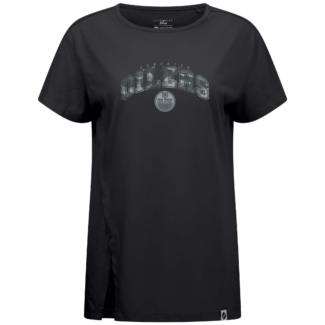 Edmonton Oilers Women's Levelwear Winter Camo Black Influx T-Shirt