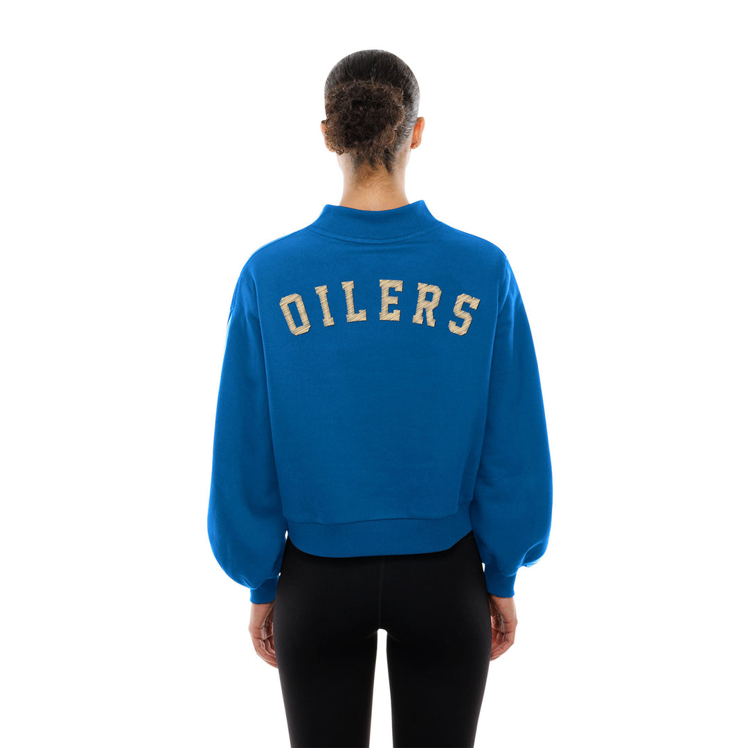 Edmonton Oilers Women's New Era Alternate Logo Cropped Blue Mock Neck Fleece Sweatshirt