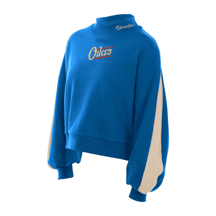 Edmonton Oilers Women's New Era Alternate Logo Cropped Blue Mock Neck Fleece Sweatshirt