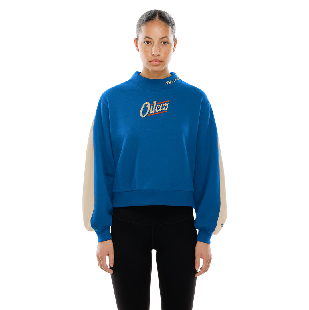 Edmonton Oilers Women's New Era Alternate Logo Cropped Blue Mock Neck Fleece Sweatshirt
