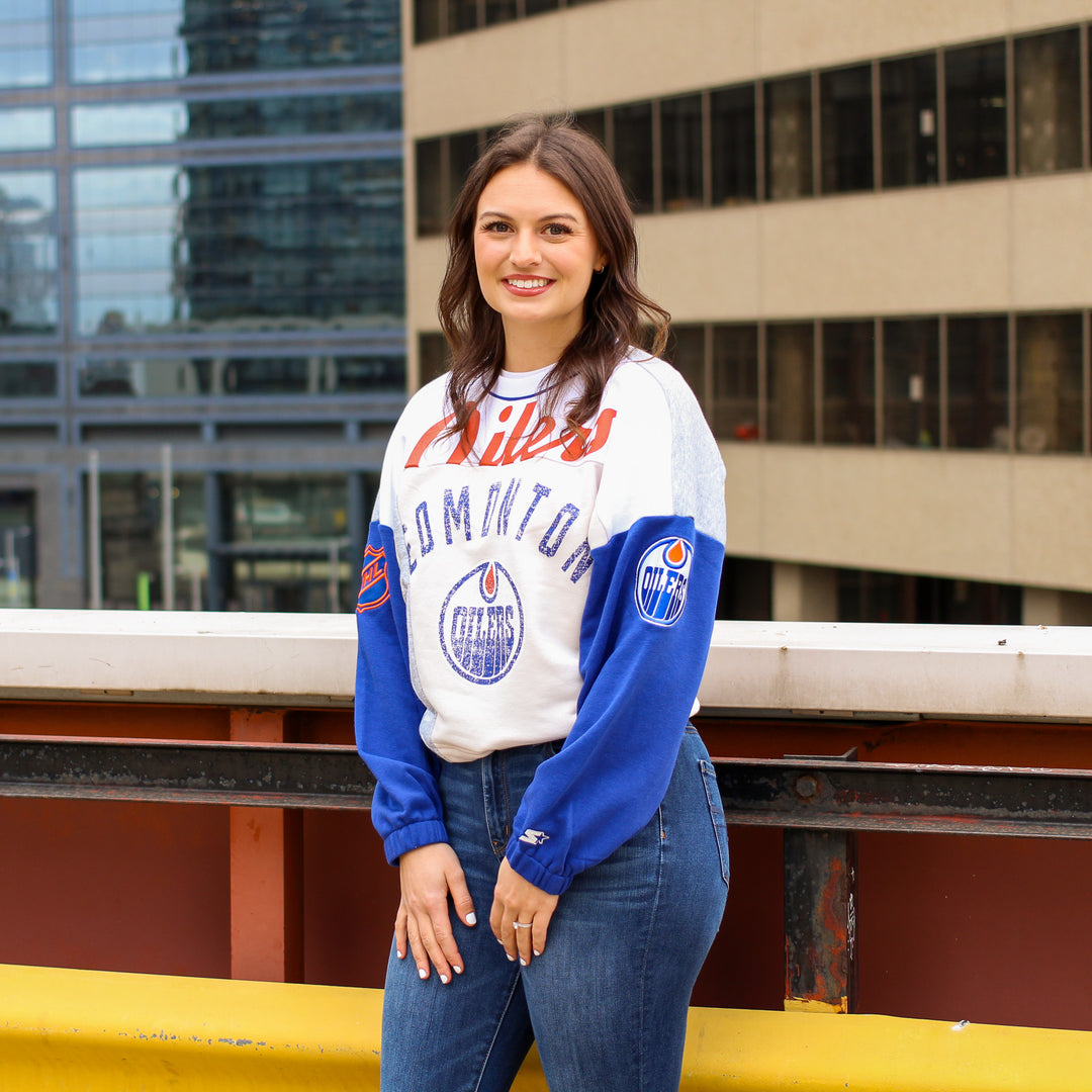 Edmonton Oilers Women's Starter Royal & White Circus Catch Tie Boxy Cropped Crewneck Sweatshirt