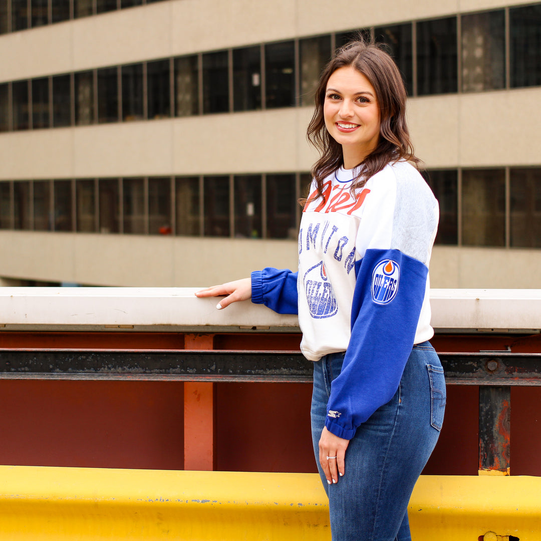 Edmonton Oilers Women's Starter Royal & White Circus Catch Tie Boxy Cropped Crewneck Sweatshirt