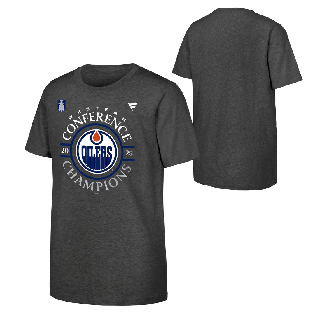 Edmonton Oilers Youth 2025 Stanley Cup Playoffs Fanatics Western Conference Champs Locker Room T-Shirt