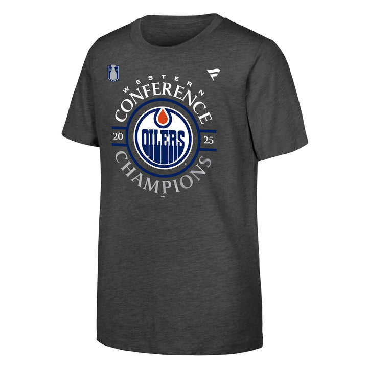 Edmonton Oilers Youth 2025 Stanley Cup Playoffs Fanatics Western Conference Champs Locker Room T-Shirt