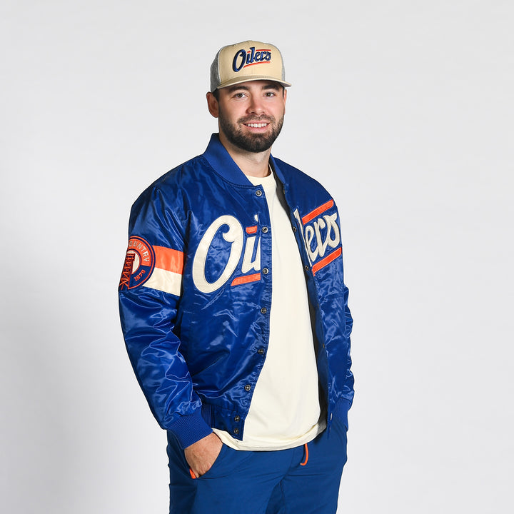 Edmonton Oilers Starter Blue Alternate Logo Triple Option Satin Bomber Jacket