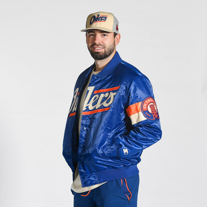 Edmonton Oilers Starter Blue Alternate Logo Triple Option Satin Bomber Jacket