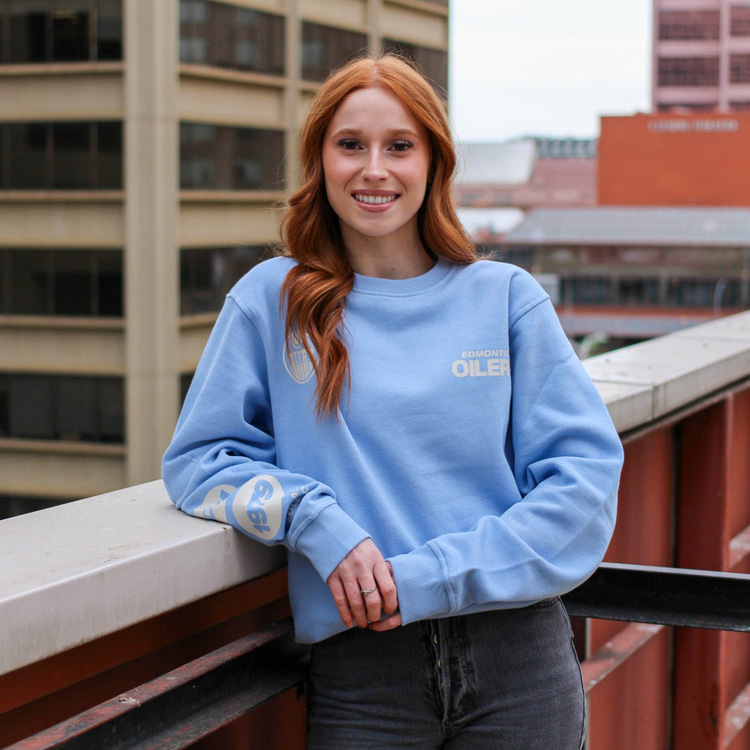 Edmonton Oilers Unisex Peace Collective Essentials Light Blue Patchwork Crewneck Sweatshirt