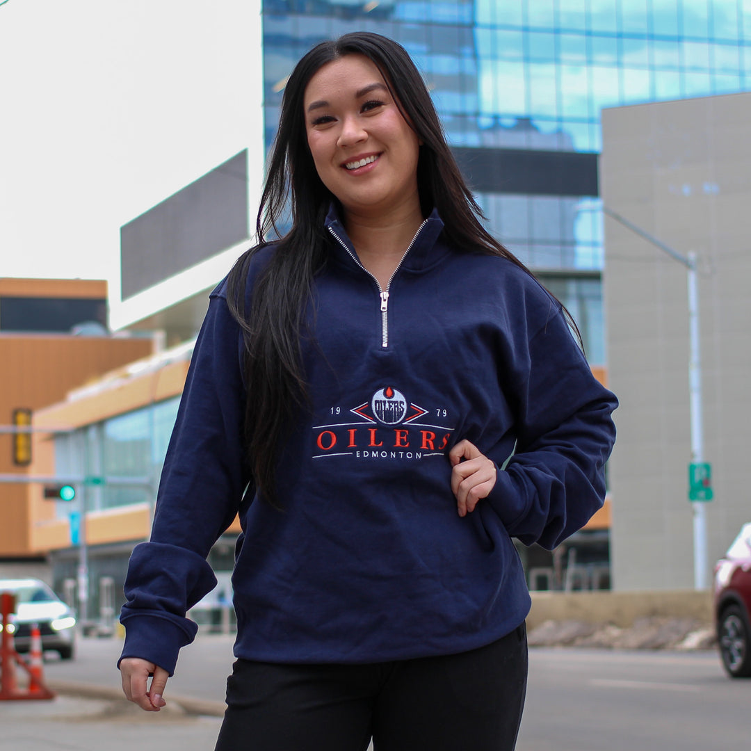 Edmonton Oilers Unisex Peace Collective Vintage Navy Embroidered Half-Zip Sweatshirt