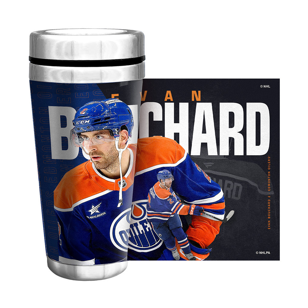Evan Bouchard Edmonton Oilers Full Wrap 16oz Travel Mug