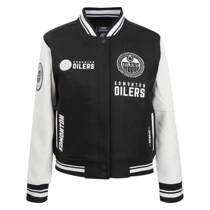 Edmonton Oilers Women's Pro Standard Pearls Black Wool Varsity Jacket