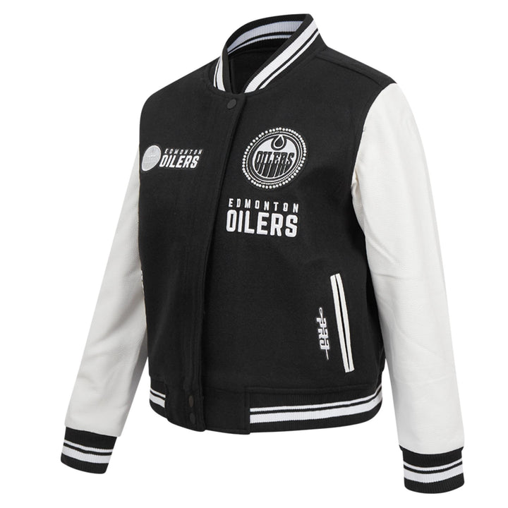 Edmonton Oilers Women's Pro Standard Pearls Black Wool Varsity Jacket