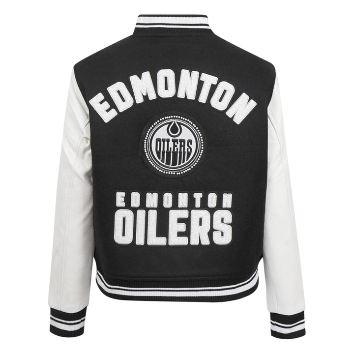Edmonton Oilers Women's Pro Standard Pearls Black Wool Varsity Jacket