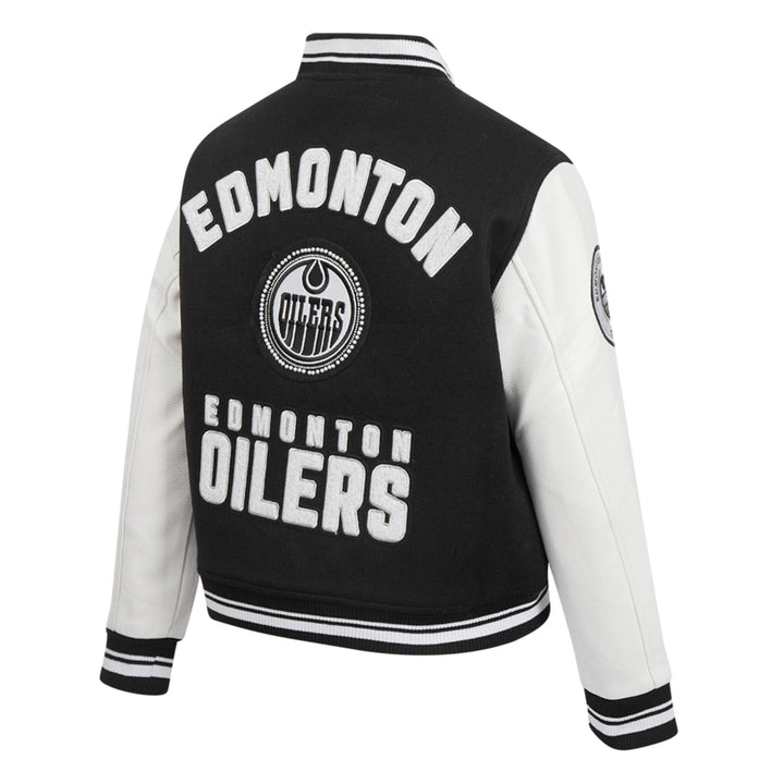 Edmonton Oilers Women's Pro Standard Pearls Black Wool Varsity Jacket
