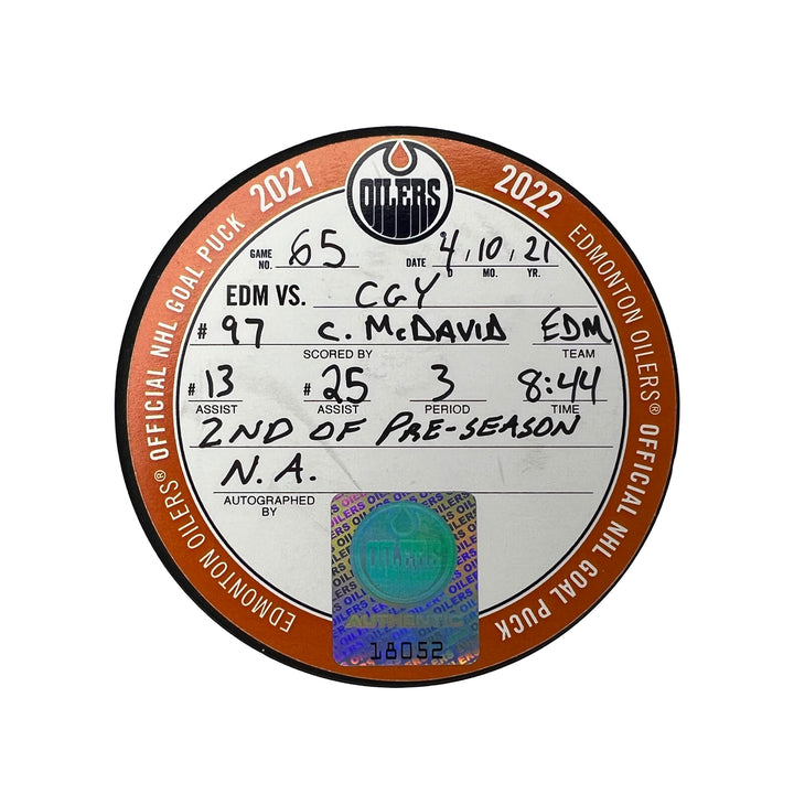 Connor McDavid Edmonton Oilers Preseason Goal Puck - Oct. 4/2021 vs Calgary Flames #18052