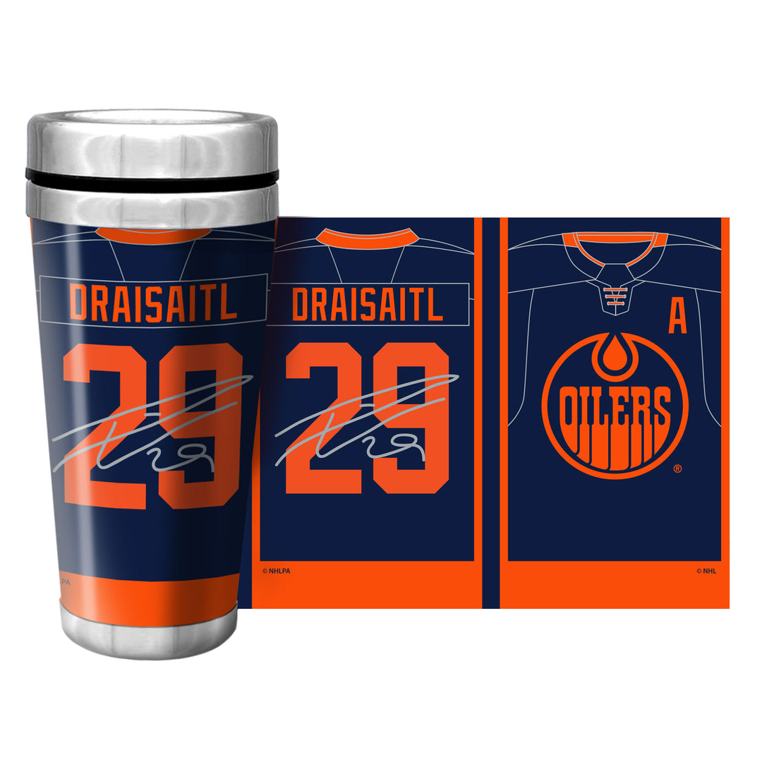 Leon Draisaitl Edmonton Oilers Navy/Alternate Jersey 16oz Travel Mug