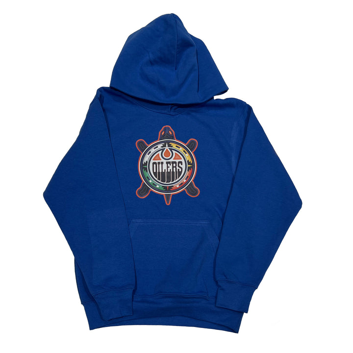 Edmonton Oilers Youth Smudge the Blades Royal Turtle Island Full Logo Hoodie