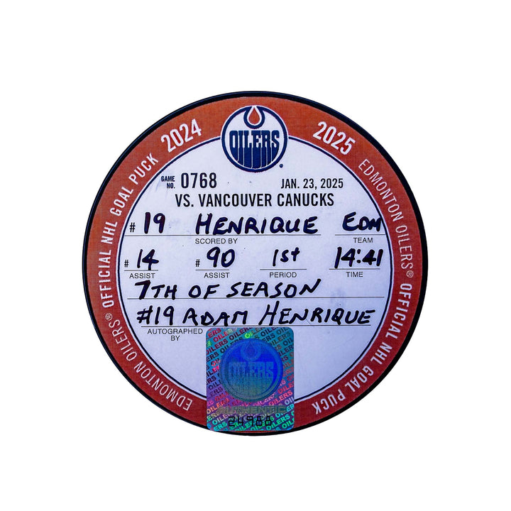Adam Henrique Edmonton Oilers Autographed Goal Puck - Jan. 23/2025 vs Vancouver Canucks #24988