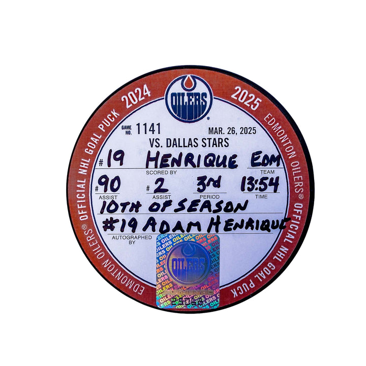 Adam Henrique Edmonton Oilers Autographed Goal Puck - Mar. 26/2025 vs Dallas Stars #25068