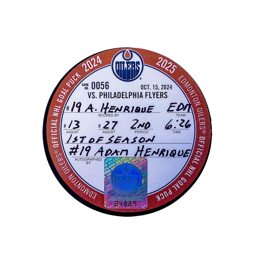 Adam Henrique Edmonton Oilers Autographed Goal Puck - Oct. 15/2024 vs Philadelphia Flyers #24889