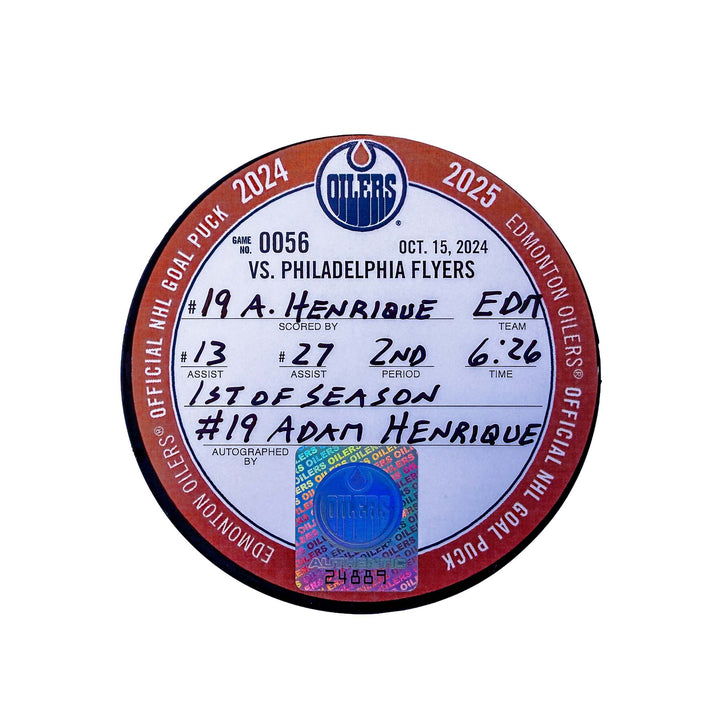 Adam Henrique Edmonton Oilers Autographed Goal Puck - Oct. 15/2024 vs Philadelphia Flyers #24889