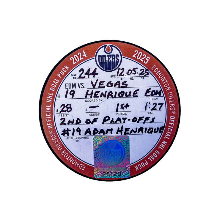 Adam Henrique Edmonton Oilers Autographed Playoff Goal Puck - May. 12/2025 vs Vegas Golden Knights #25120