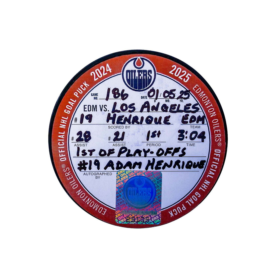 Adam Henrique Edmonton Oilers Autographed Playoff Goal Puck - May. 5/2025 vs Los Angeles Kings #25105