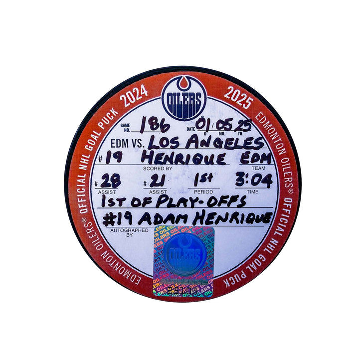 Adam Henrique Edmonton Oilers Autographed Playoff Goal Puck - May. 5/2025 vs Los Angeles Kings #25105