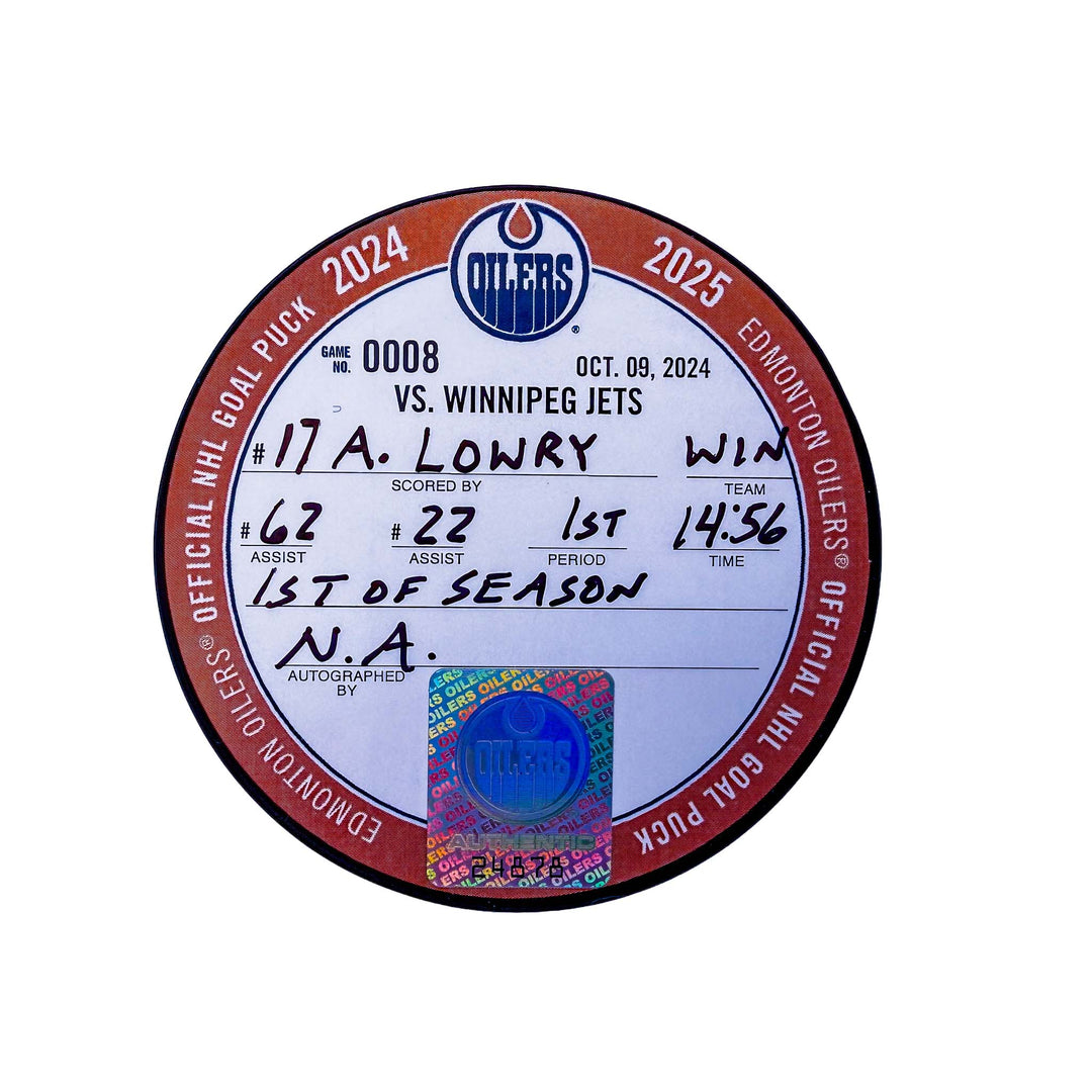 Adam Lowry Winnipeg Jets Goal Puck - Oct. 9/2024 vs Edmonton Oilers #24878