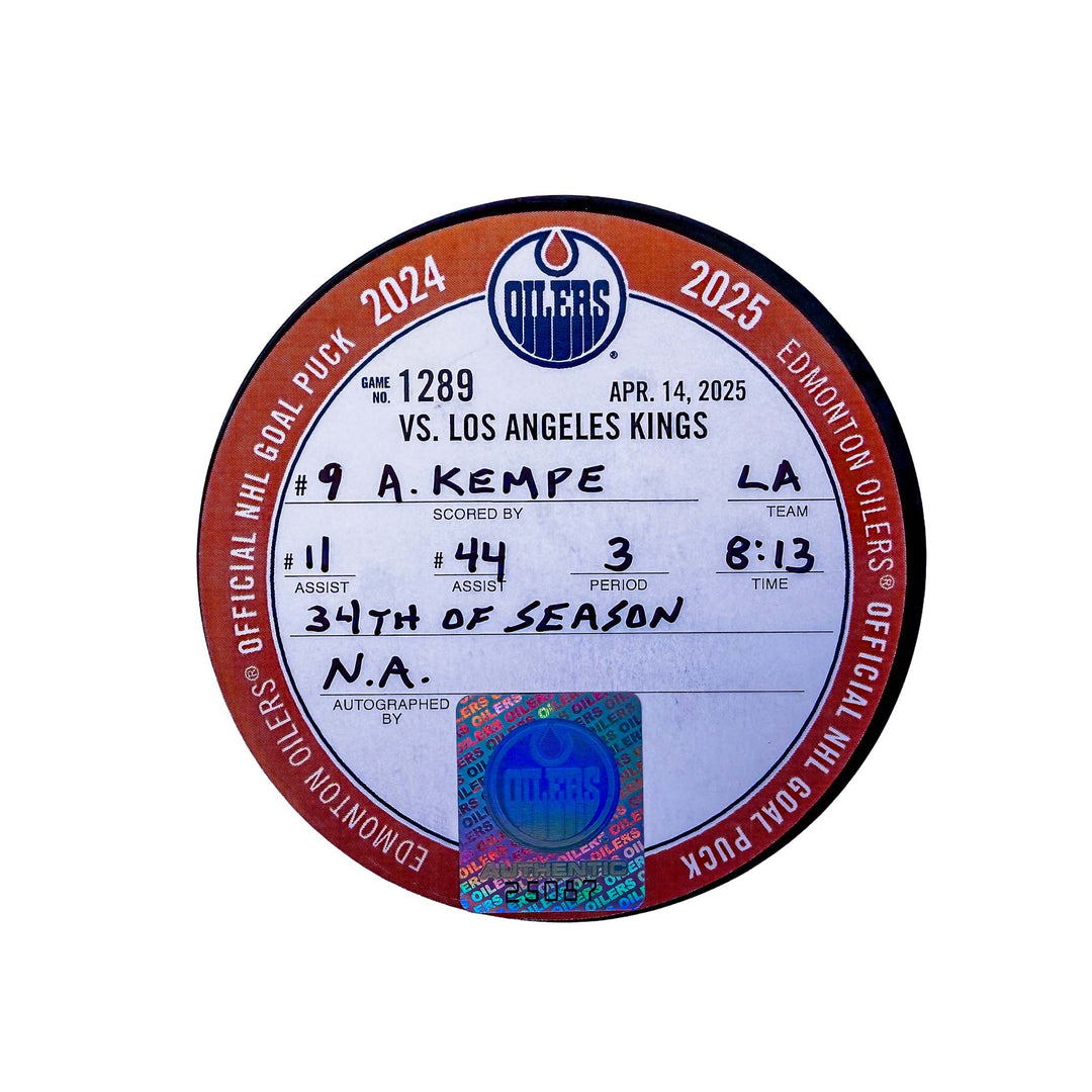 Adrian Kempe Los Angeles Kings Goal Puck - Apr. 14/2025 vs Edmonton Oilers #25087
