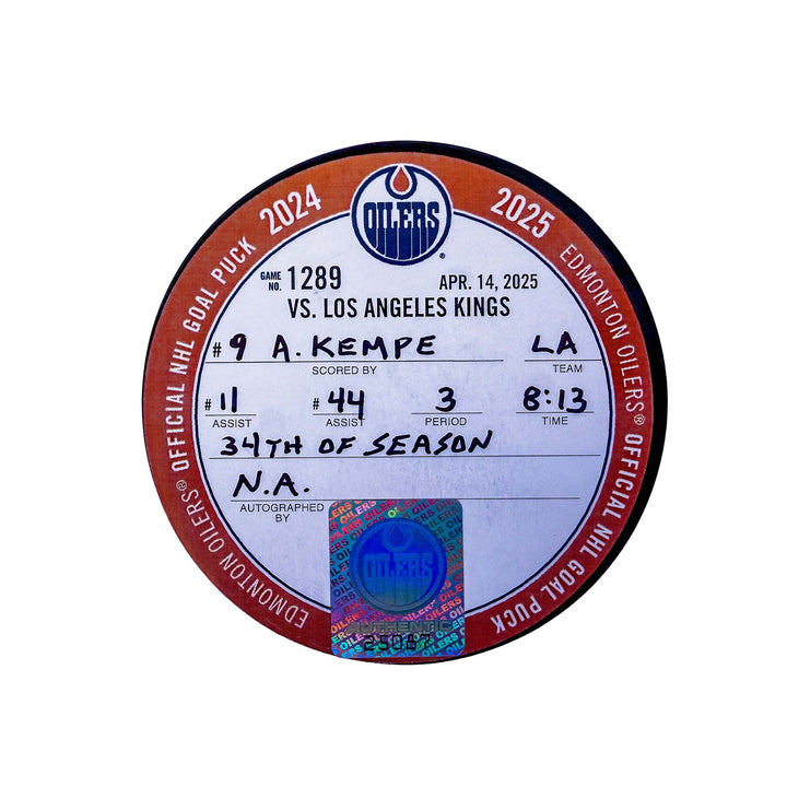 Adrian Kempe Los Angeles Kings Goal Puck - Apr. 14/2025 vs Edmonton Oilers #25087