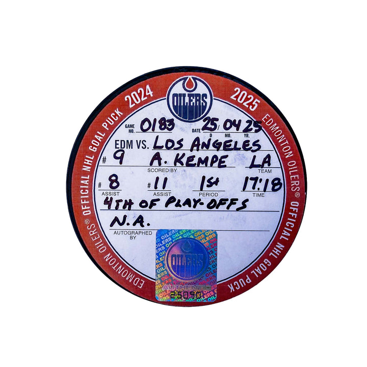 Adrian Kempe Los Angeles Kings Playoff Goal Puck - Apr. 25/2025 vs Edmonton Oilers #25090