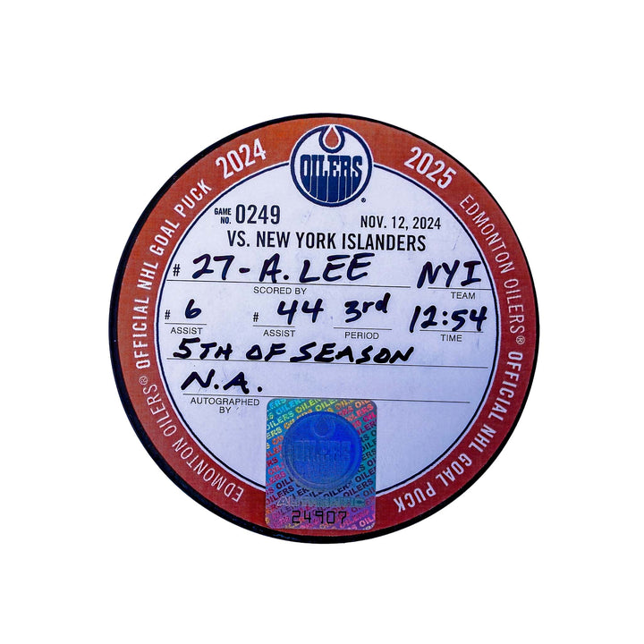 Anders Lee New York Islanders Goal Puck - Nov. 12/2024 vs Edmonton Oilers #24907