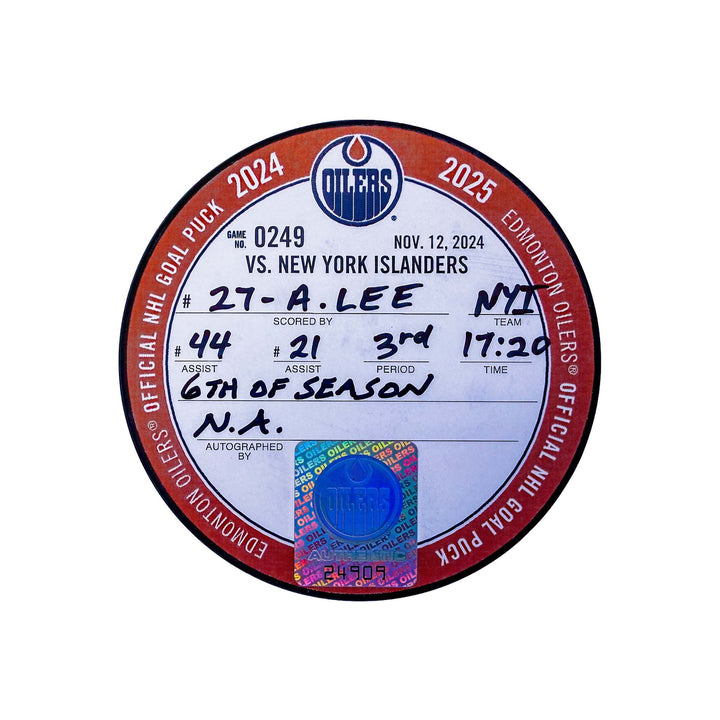 Anders Lee New York Islanders Goal Puck - Nov. 12/2024 vs Edmonton Oilers #24909